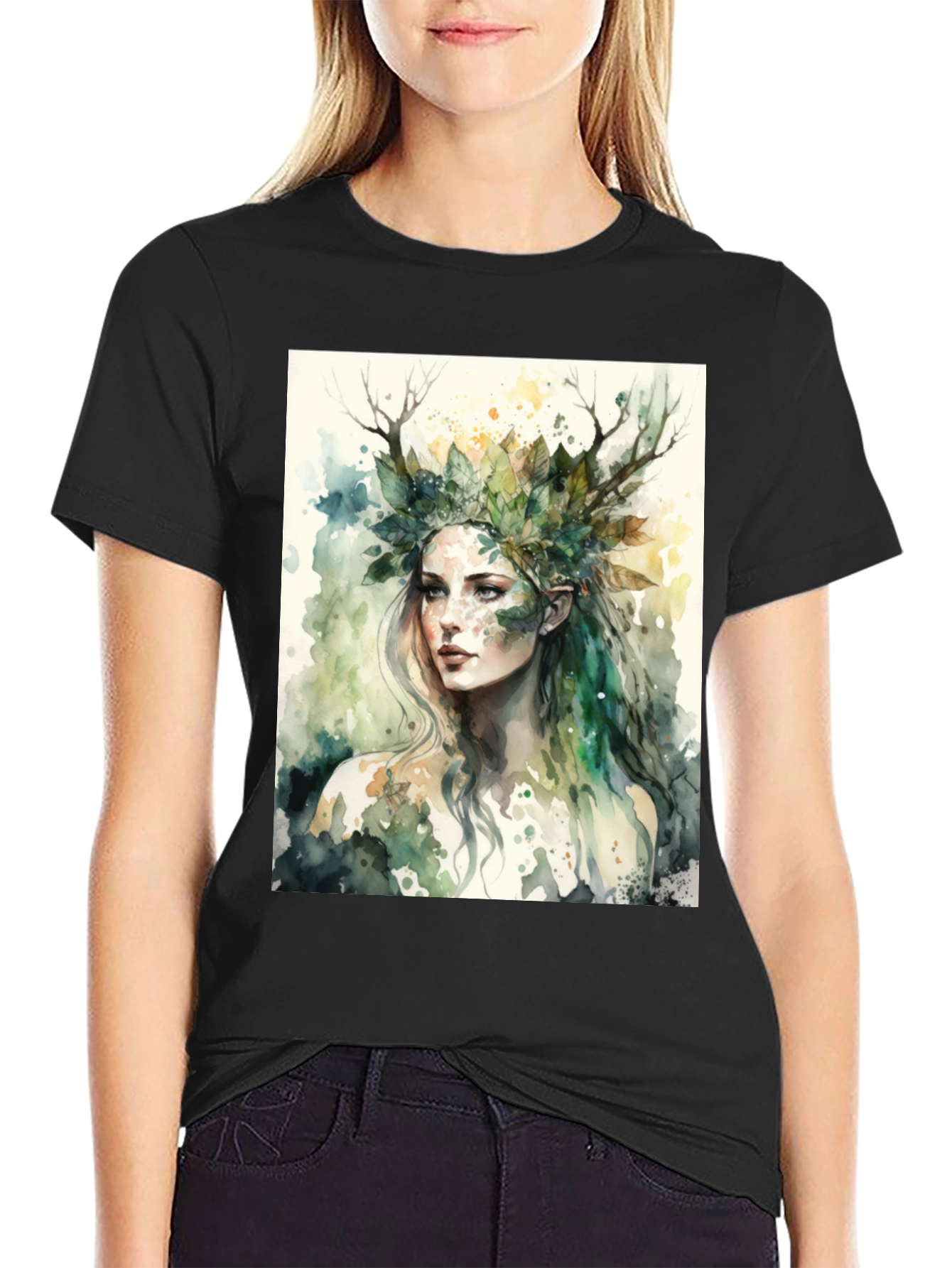 Nature Goddess Graphic Tee - Black Cotton T-Shirt