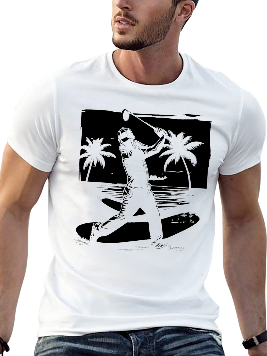 Beach Baseball Graphic Tee - Black Cotton T-Shirt
