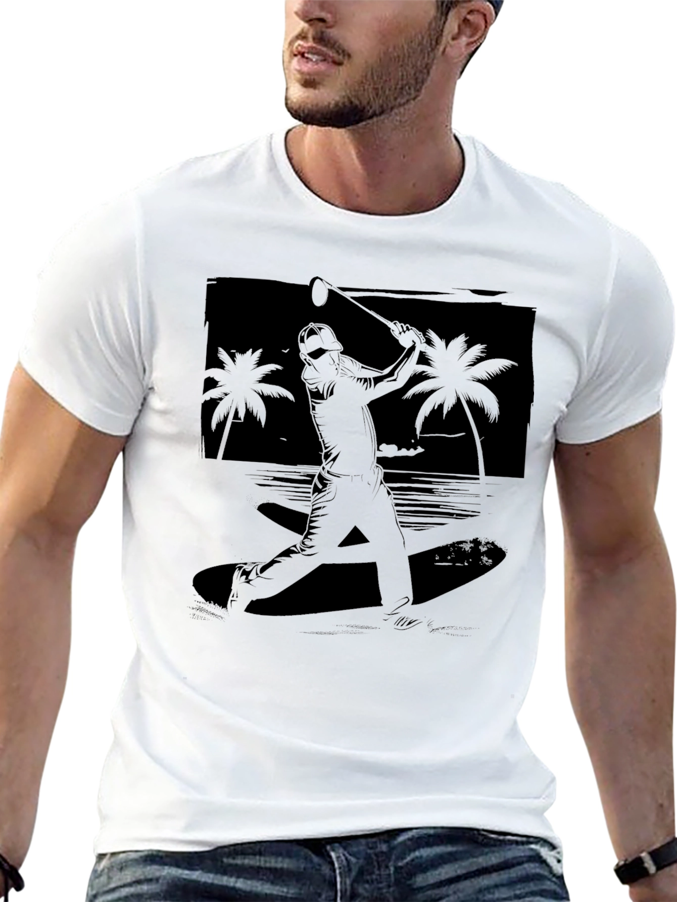 Beach Baseball Graphic Tee - Black Cotton T-Shirt