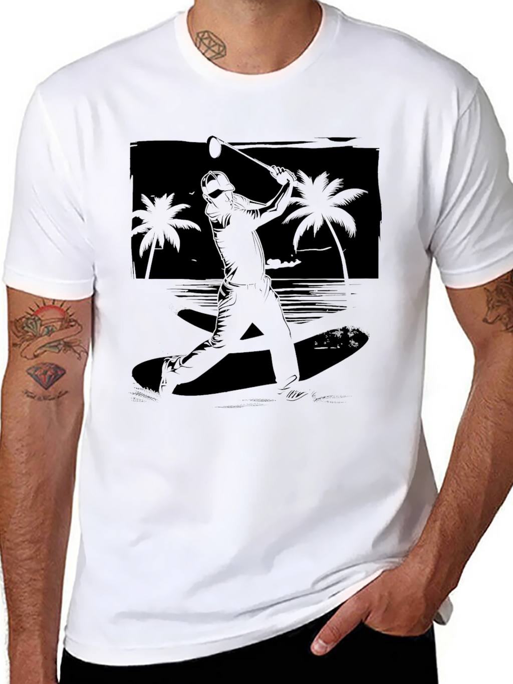 Beach Baseball Graphic Tee - Black Cotton T-Shirt