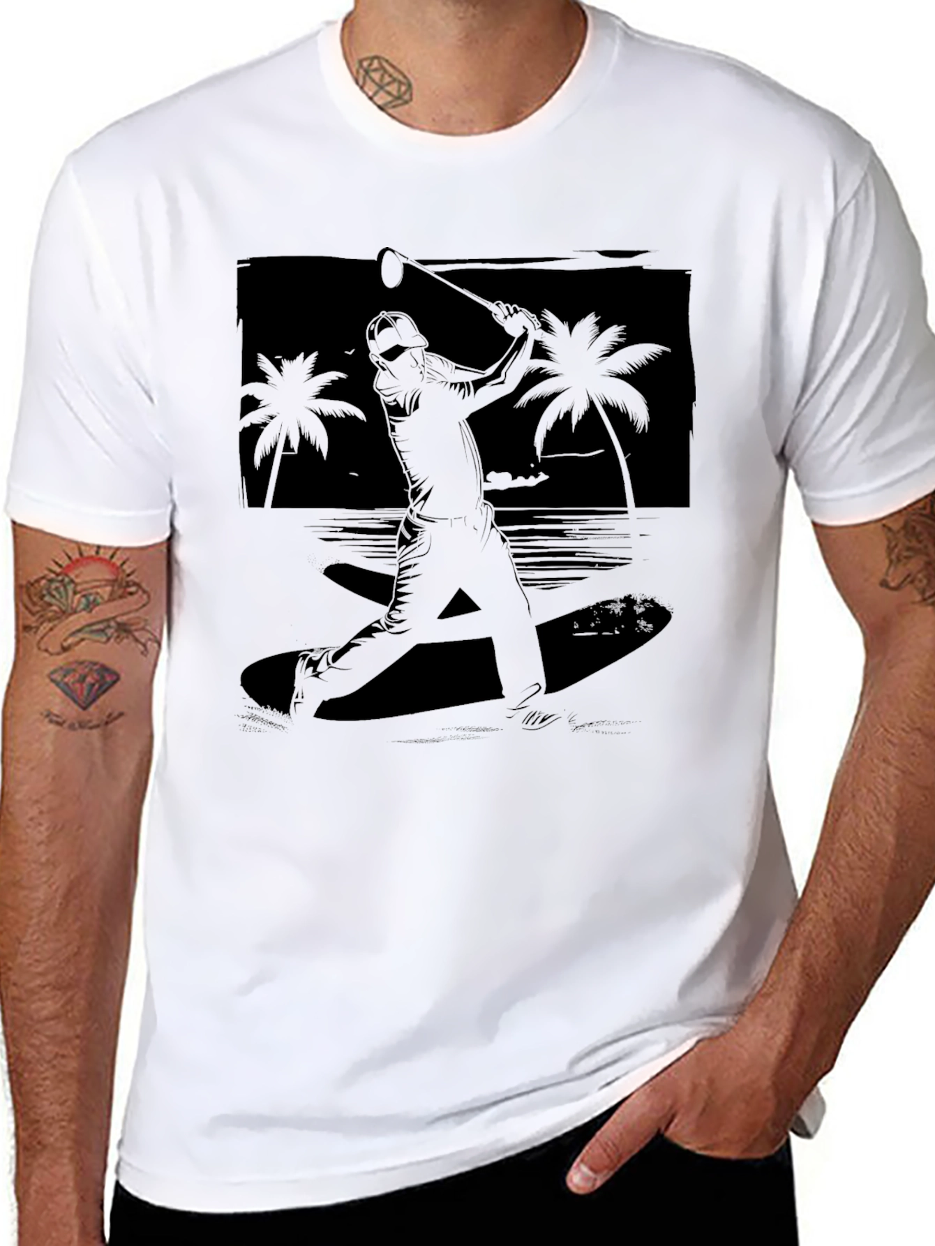 Beach Baseball Graphic Tee - Black Cotton T-Shirt