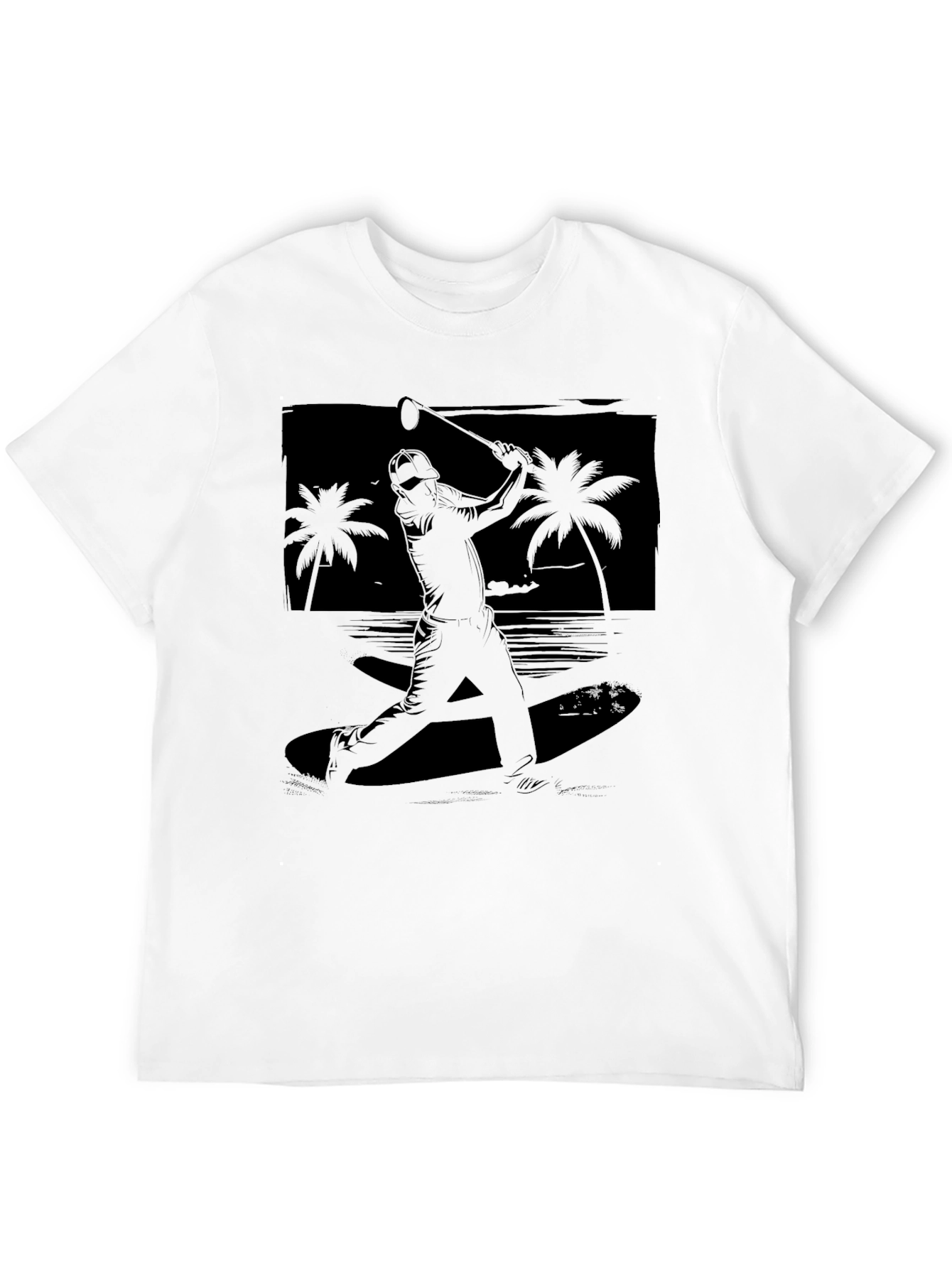 Beach Baseball Graphic Tee - Black Cotton T-Shirt