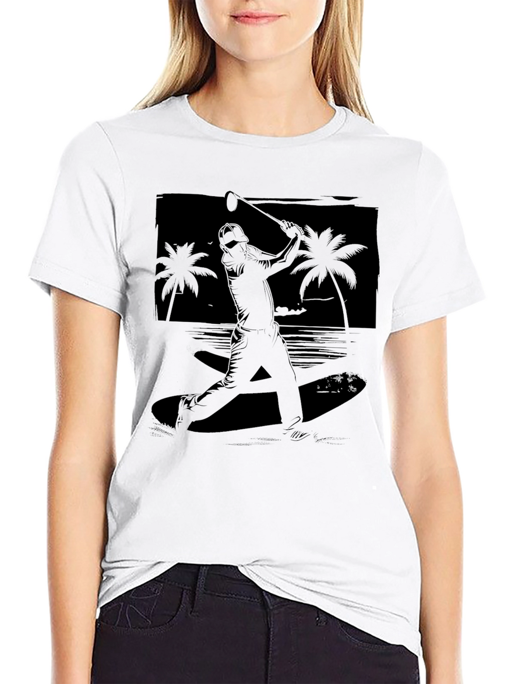 Beach Baseball Graphic Tee - Black Cotton T-Shirt