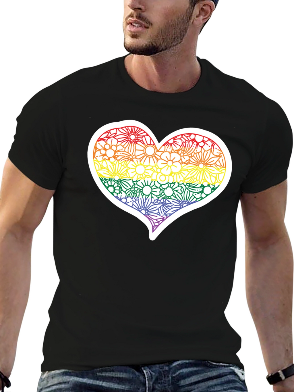 Pride Floral Heart Tee - Soft Black T-Shirt