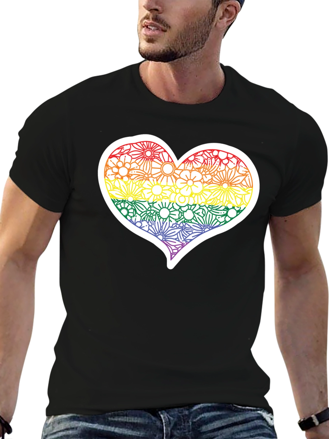 Pride Floral Heart Tee - Soft Black T-Shirt