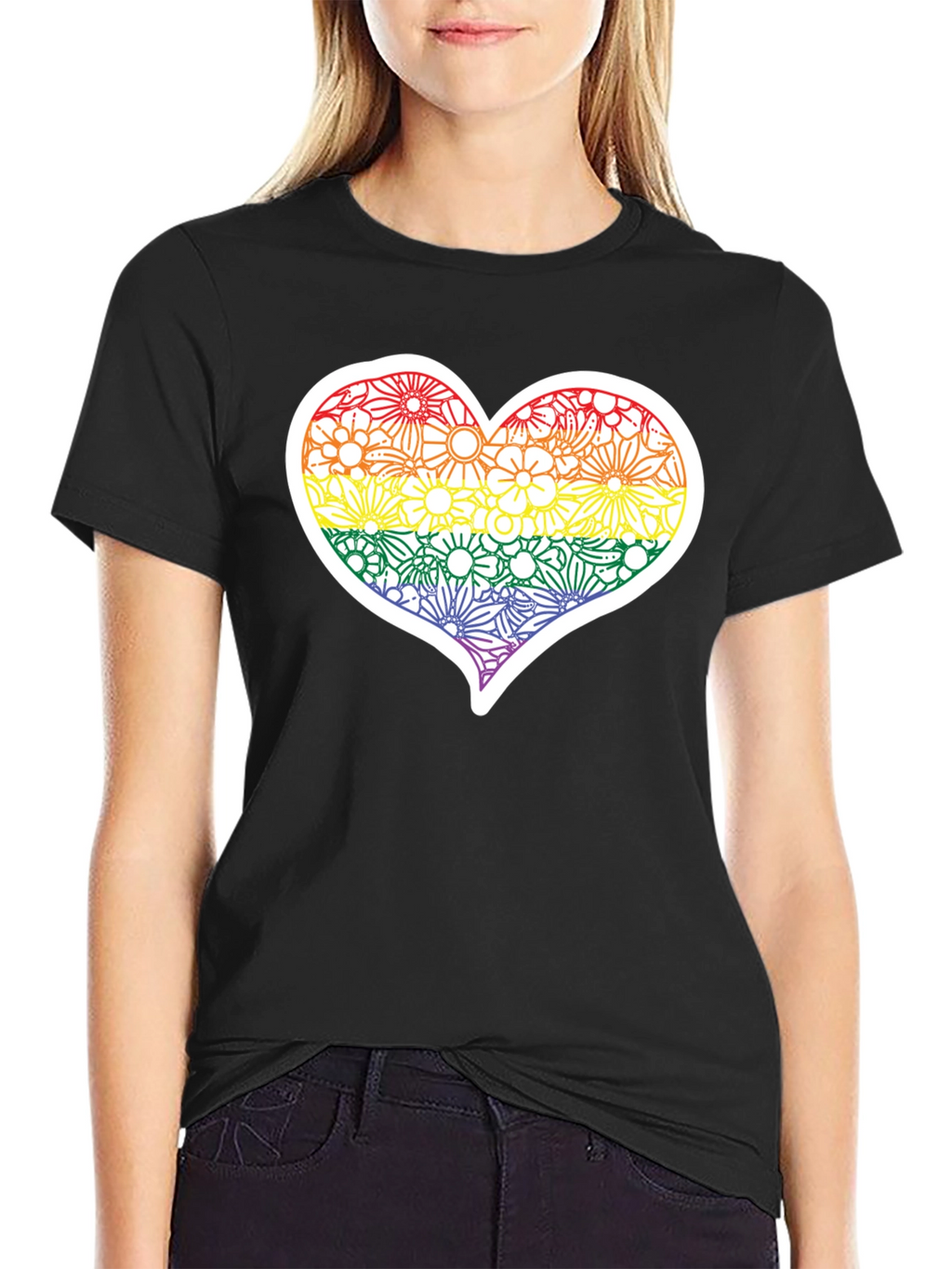 Pride Floral Heart Tee - Soft Black T-Shirt