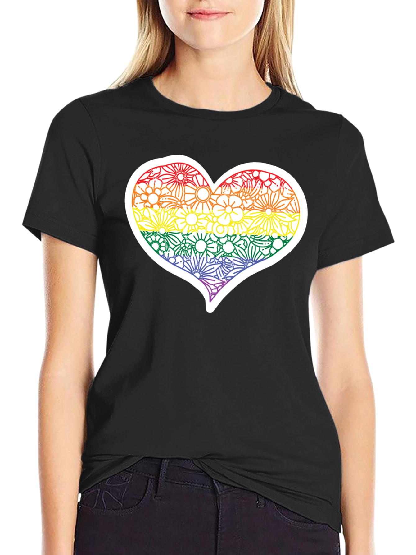 Pride Floral Heart Tee - Soft Black T-Shirt