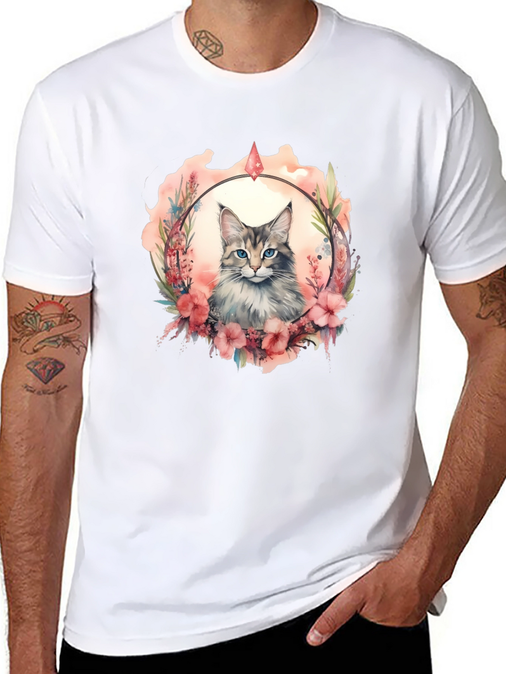 Cat Floral Wreath Black T-Shirt