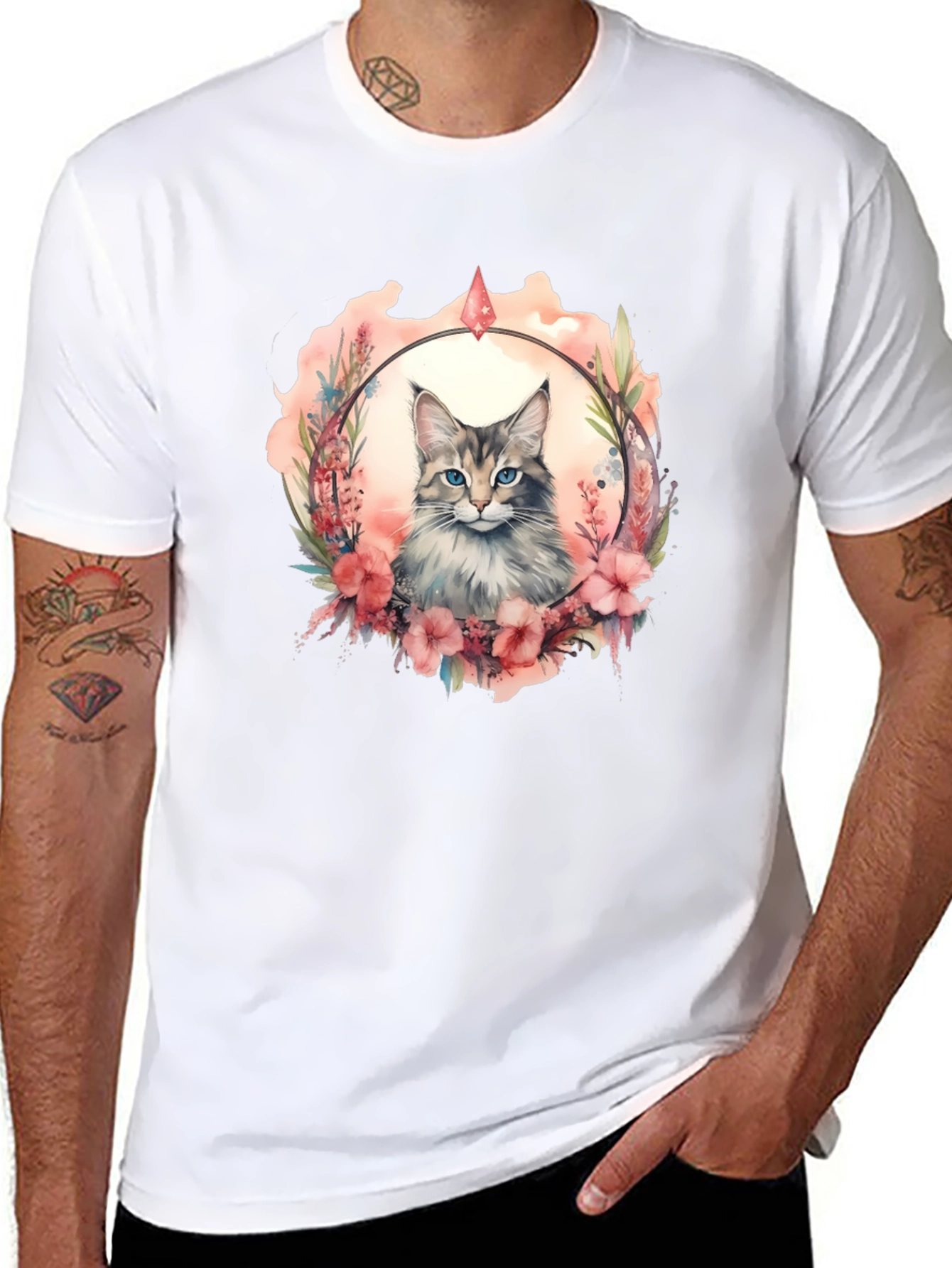 Cat Floral Wreath Black T-Shirt