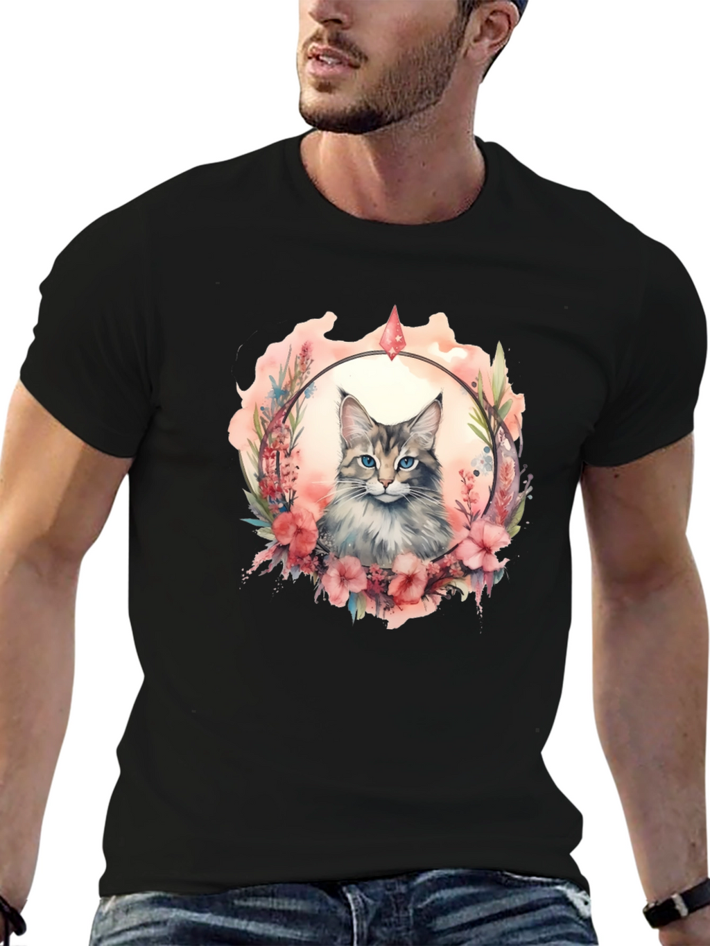 Cat Floral Wreath Black T-Shirt