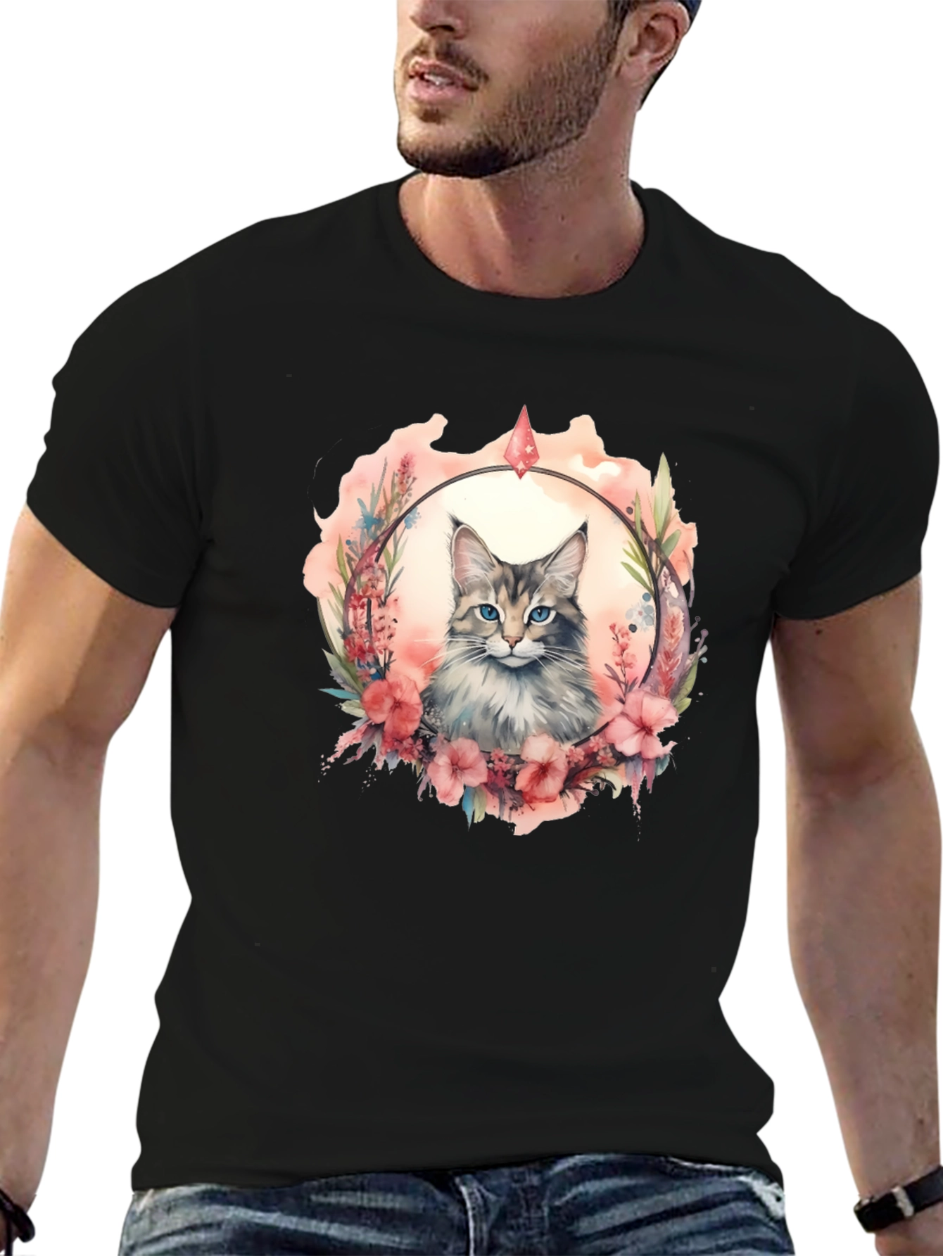 Cat Floral Wreath Black T-Shirt