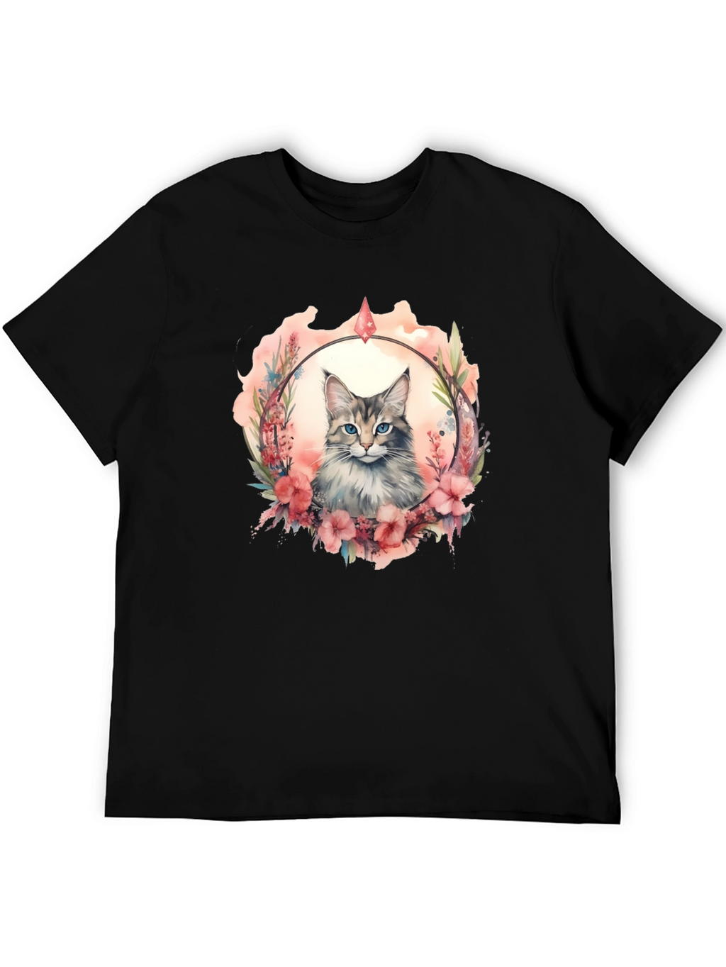 Cat Floral Wreath Black T-Shirt