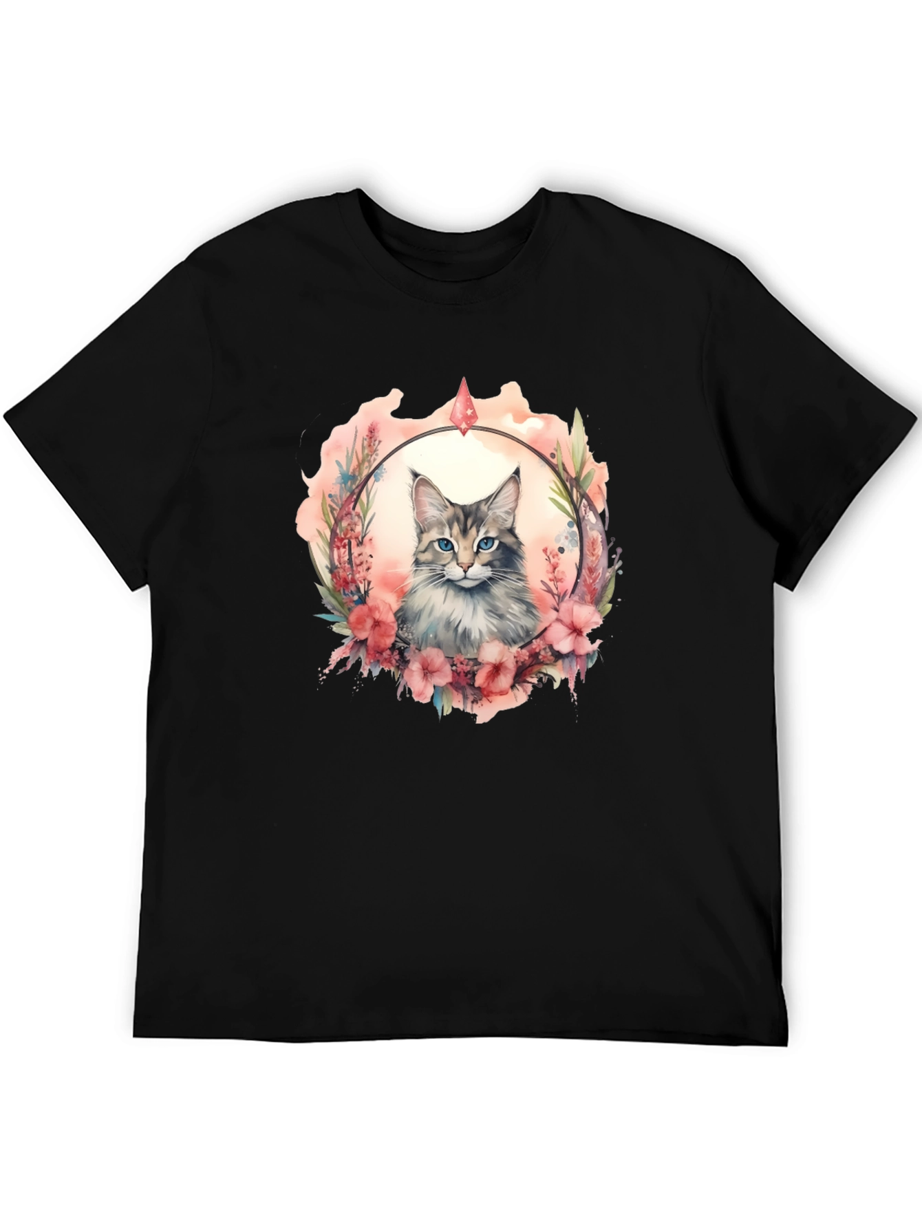 Cat Floral Wreath Black T-Shirt