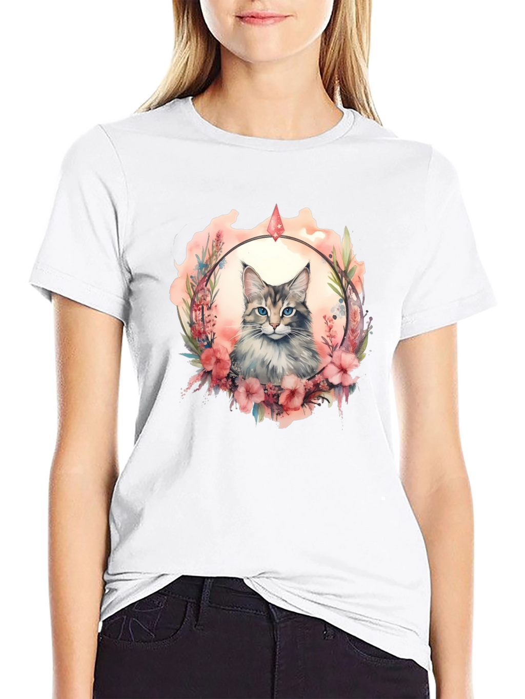Cat Floral Wreath Black T-Shirt