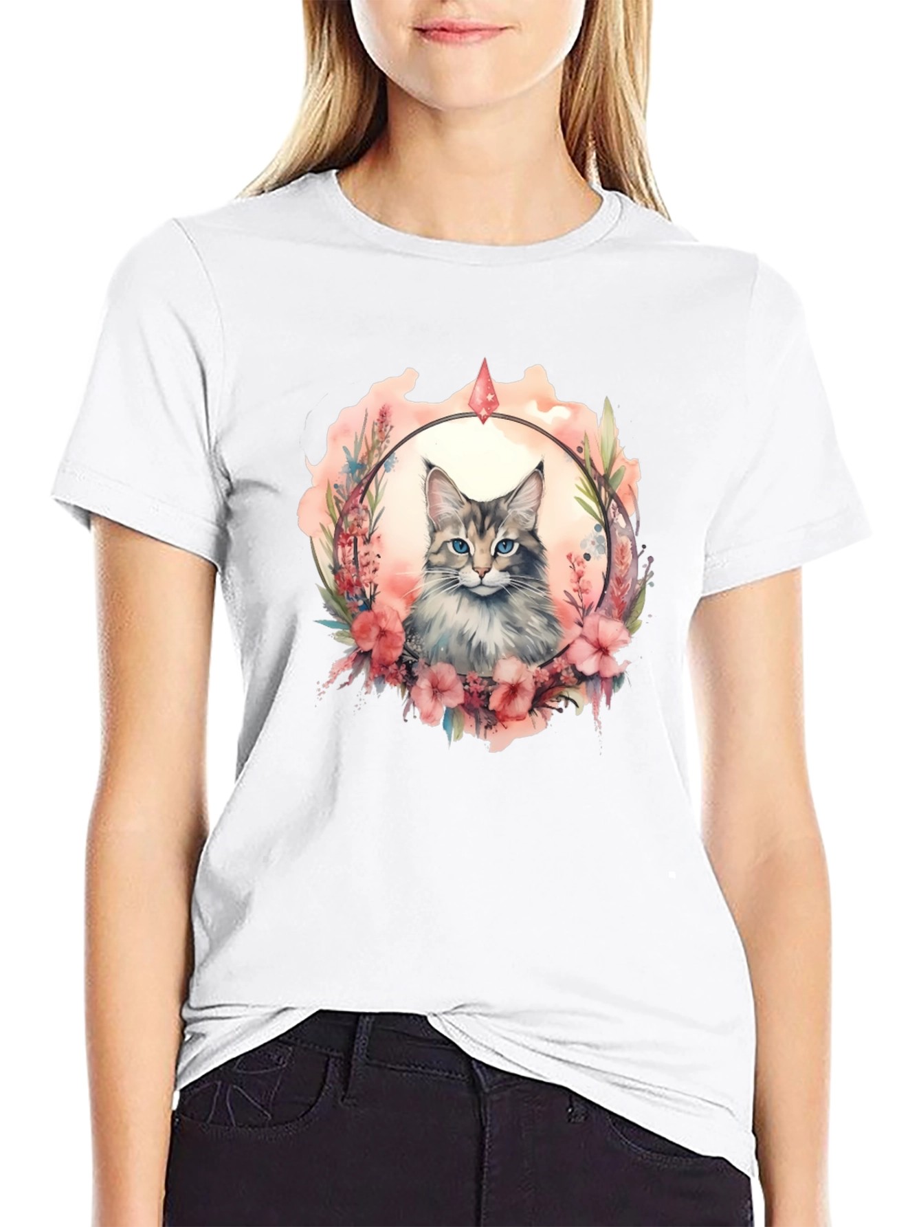 Cat Floral Wreath Black T-Shirt