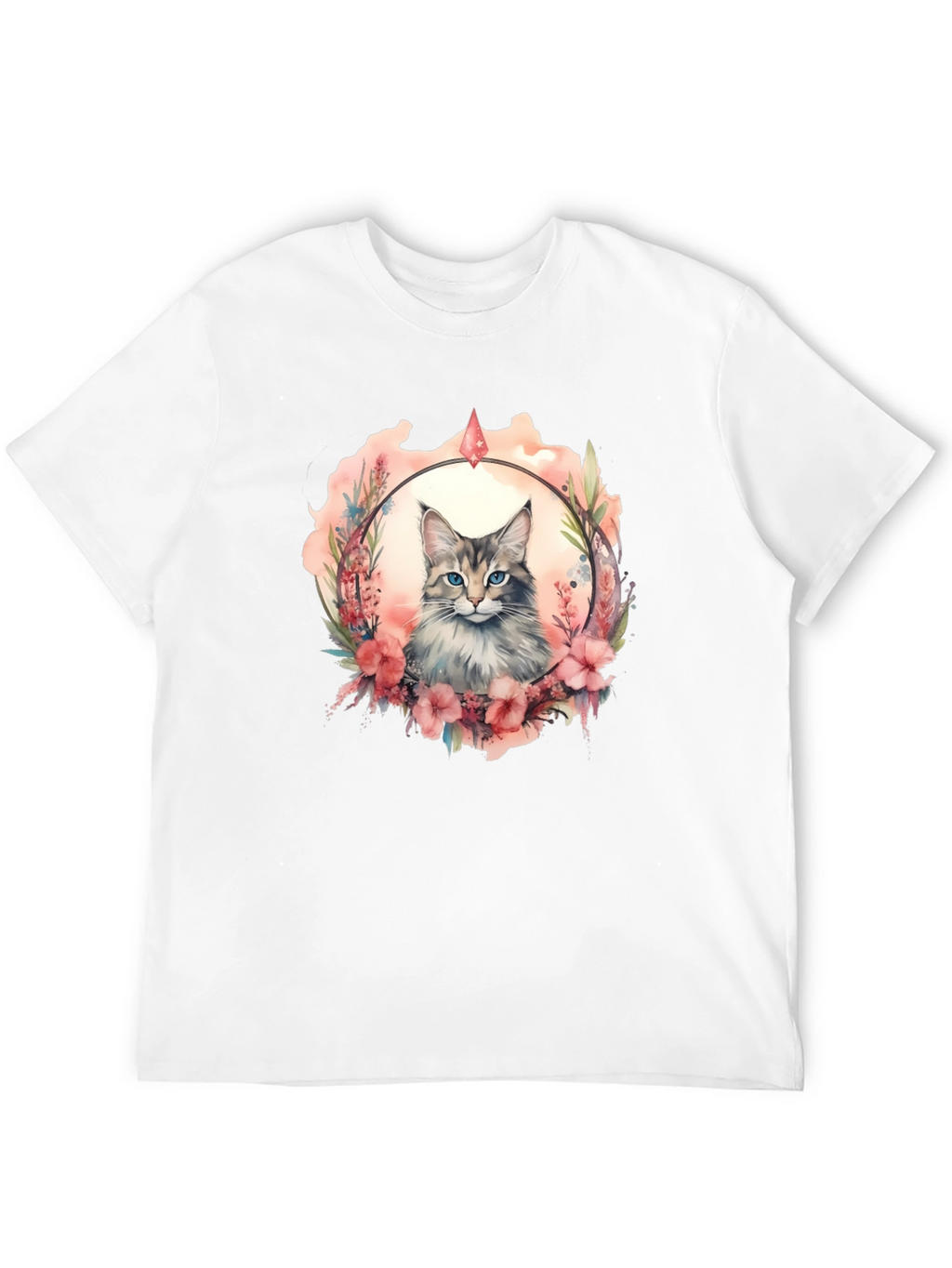 Cat Floral Wreath Black T-Shirt