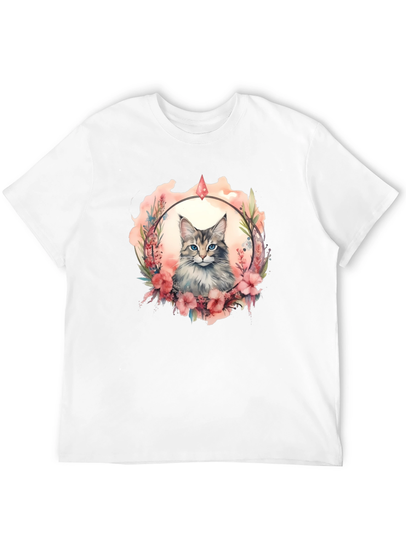 Cat Floral Wreath Black T-Shirt