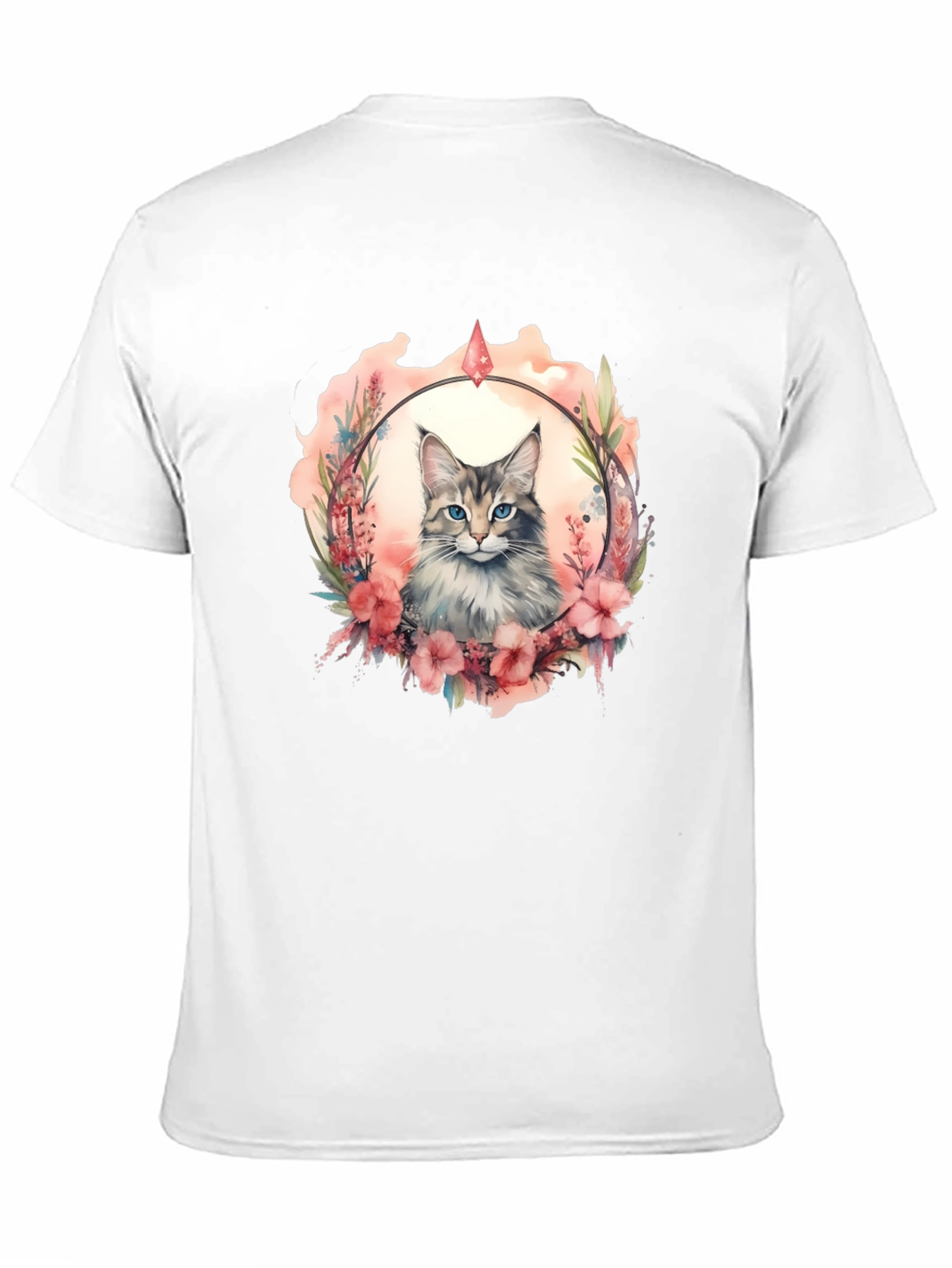 Cat Floral Wreath Black T-Shirt