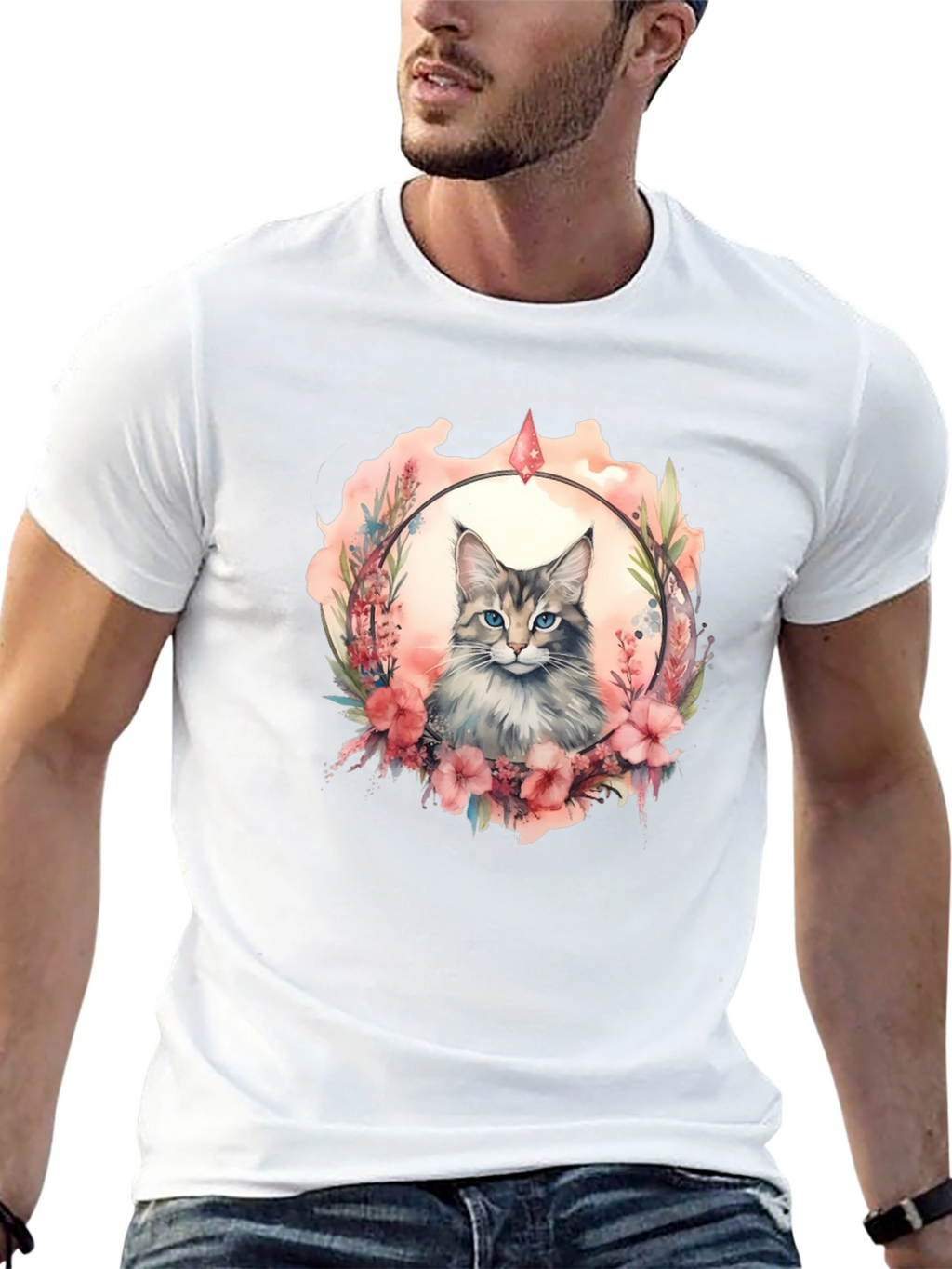 Cat Floral Wreath Black T-Shirt