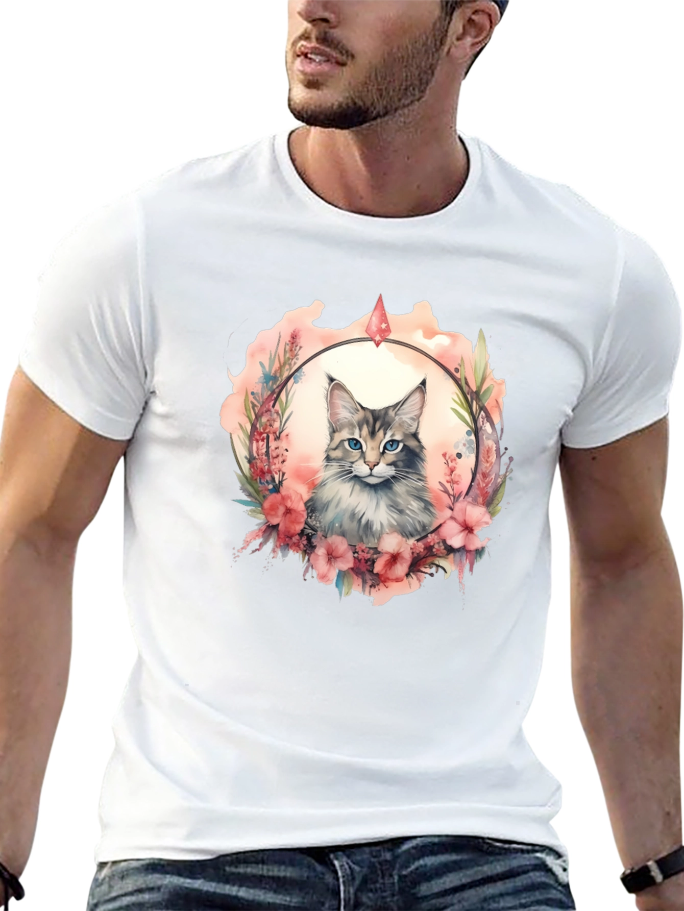 Cat Floral Wreath Black T-Shirt