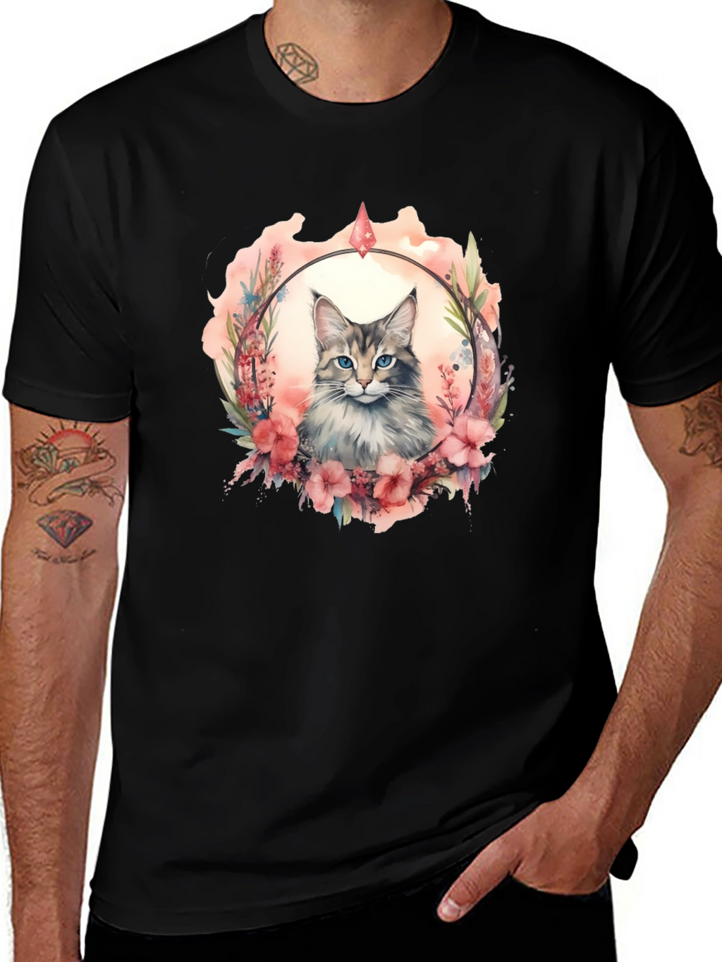 Cat Floral Wreath Black T-Shirt