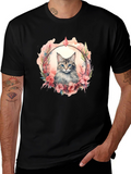 Cat Floral Wreath Black T-Shirt