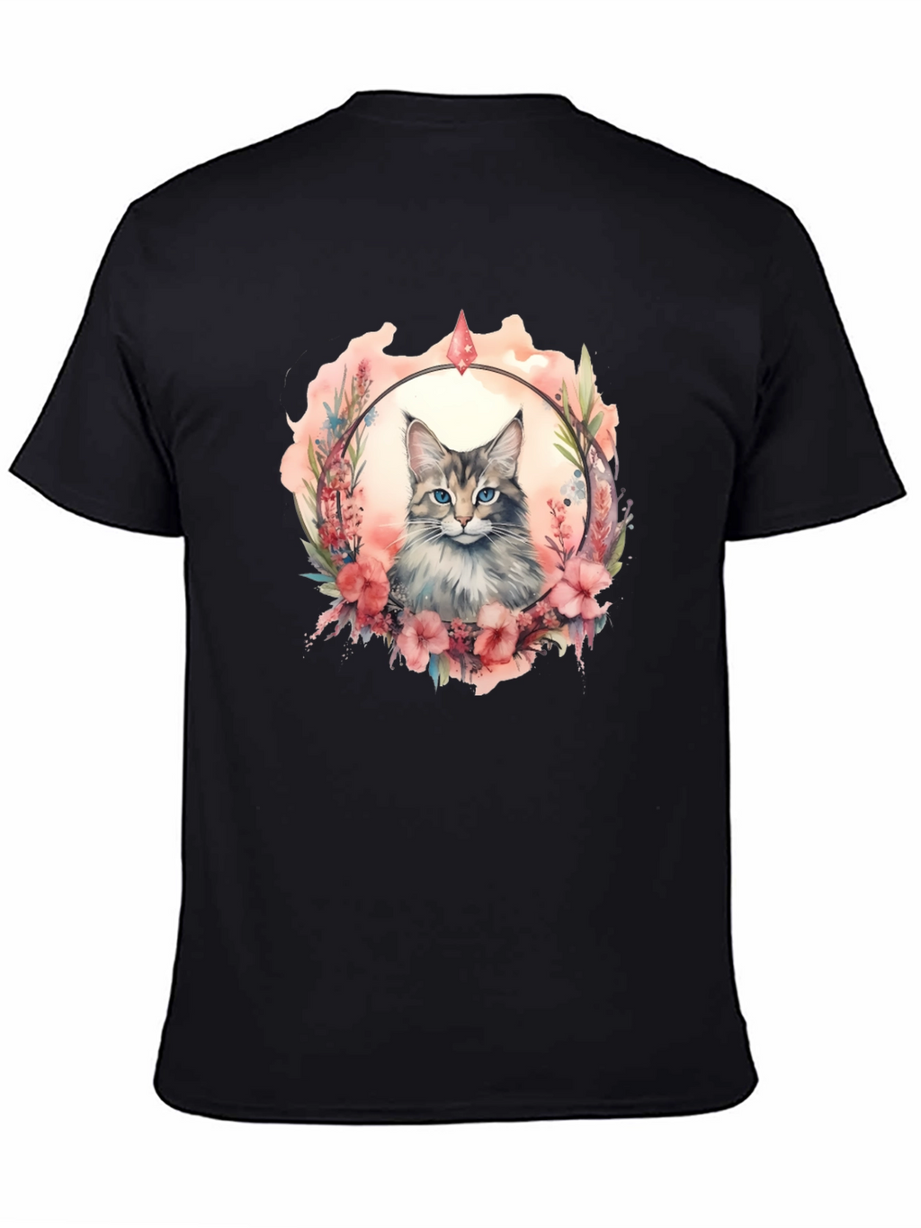 Cat Floral Wreath Black T-Shirt