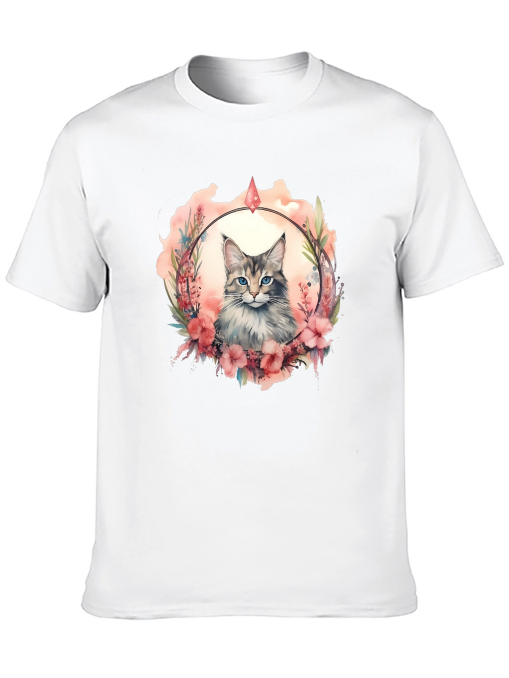 Cat Floral Wreath Black T-Shirt