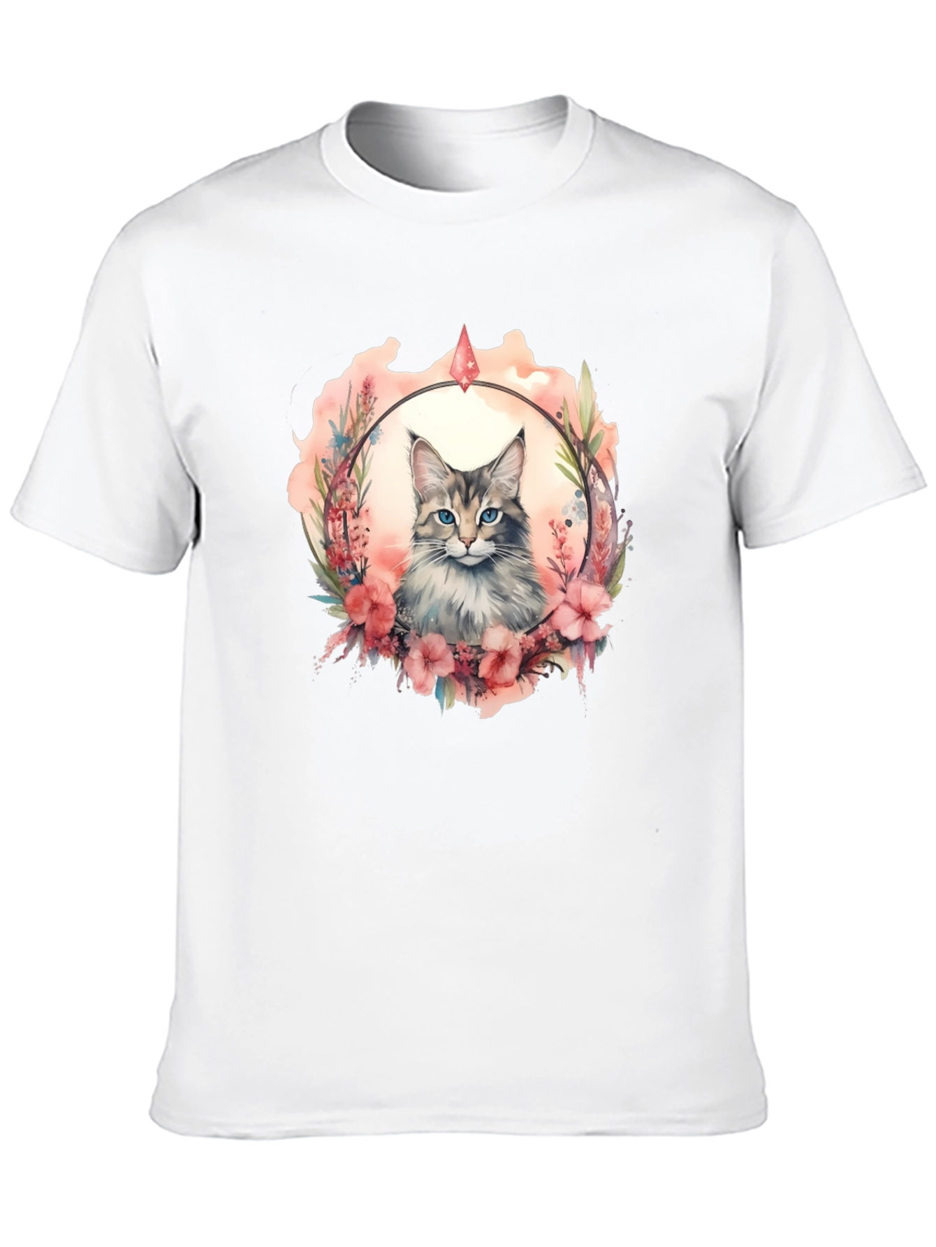 Cat Floral Wreath Black T-Shirt