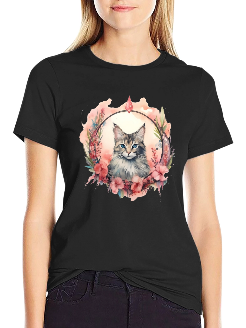 Cat Floral Wreath Black T-Shirt