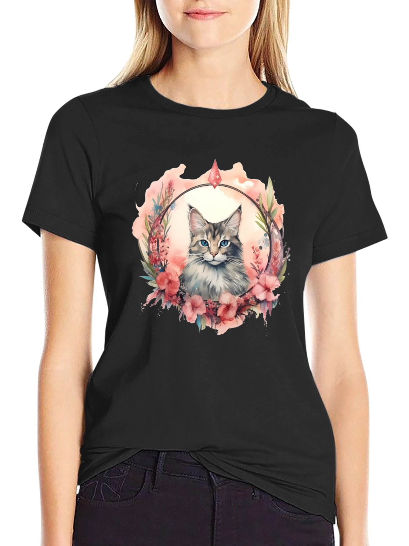 Cat Floral Wreath Black T-Shirt