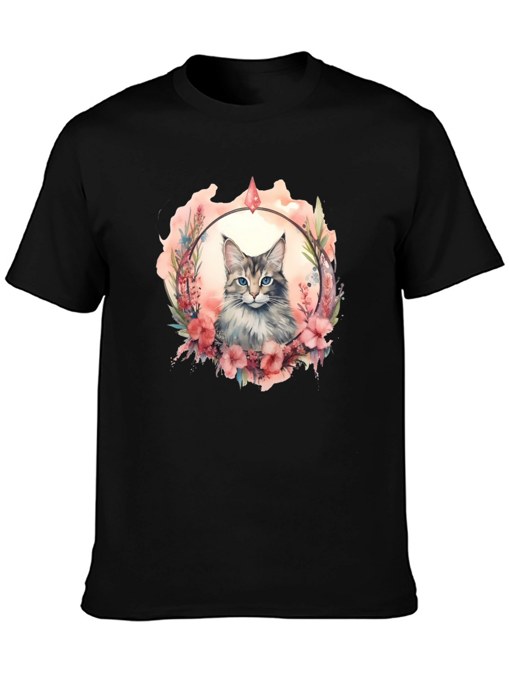 Cat Floral Wreath Black T-Shirt