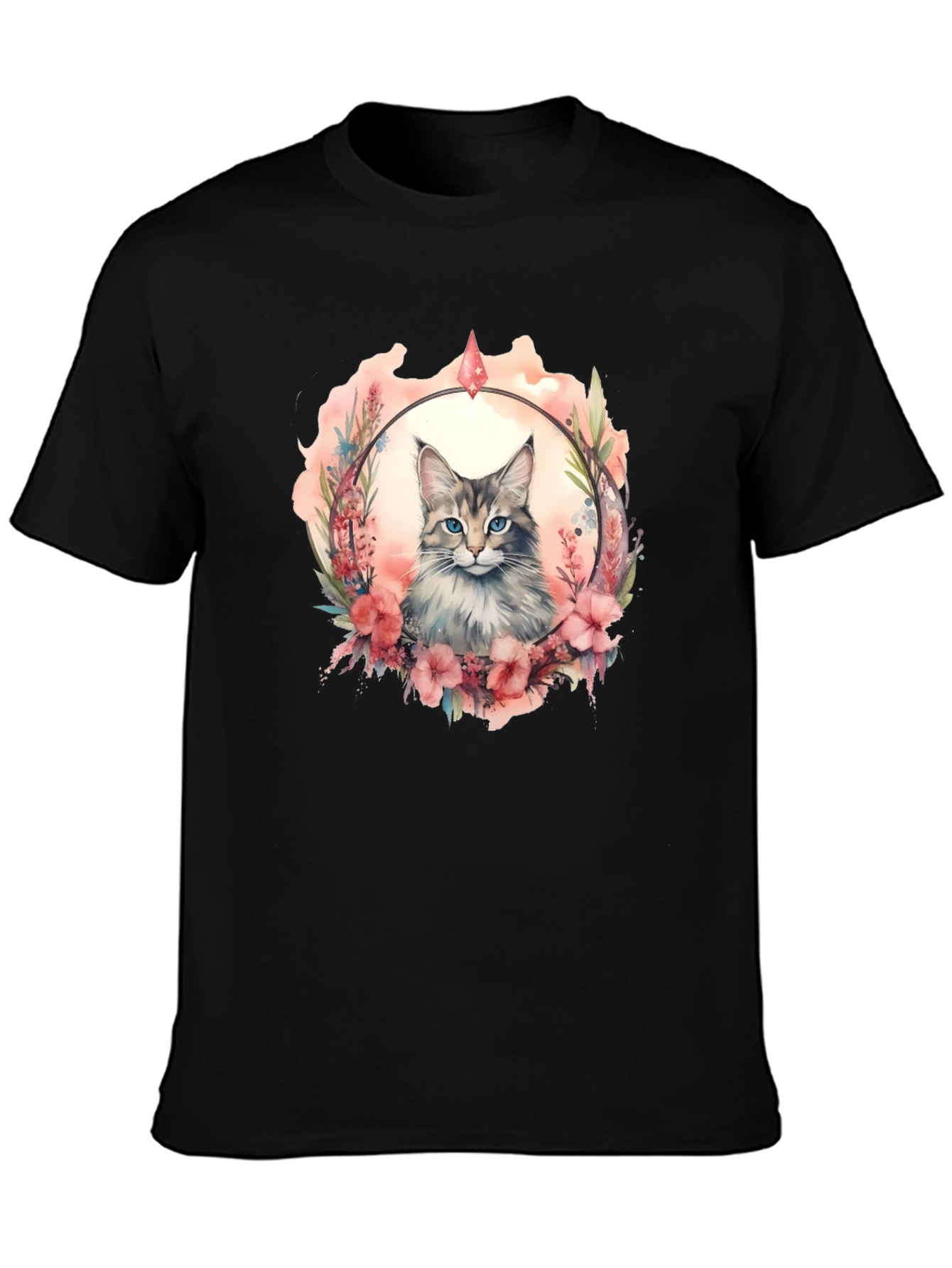 Cat Floral Wreath Black T-Shirt