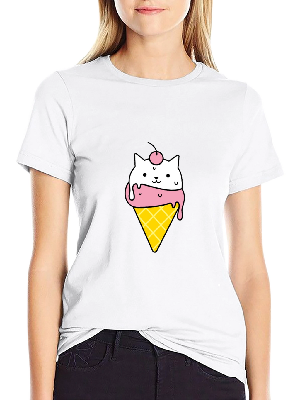 Cute Cat Ice Cream Cone Black T-Shirt