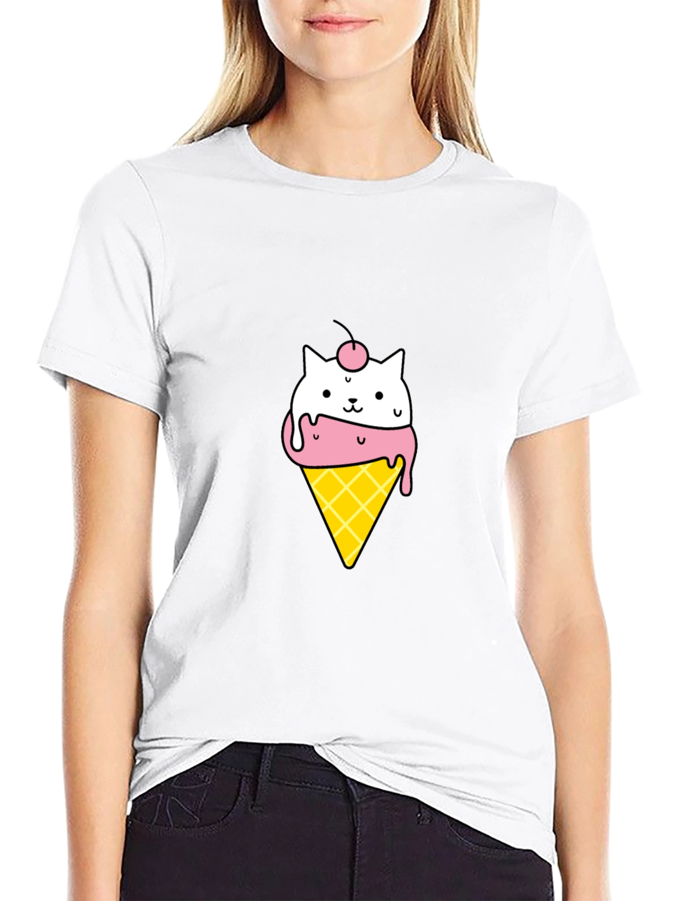 Cute Cat Ice Cream Cone Black T-Shirt
