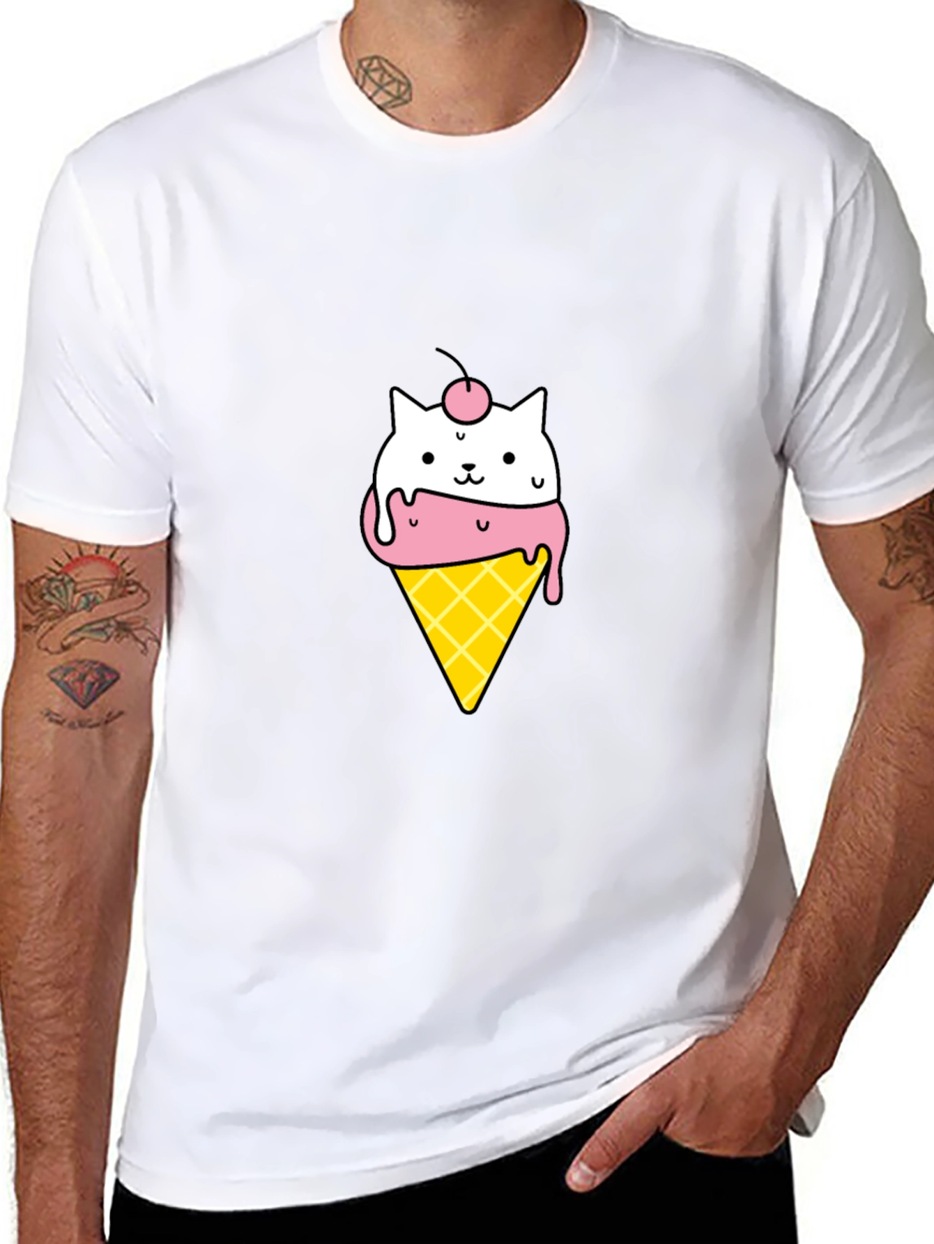 Cute Cat Ice Cream Cone Black T-Shirt