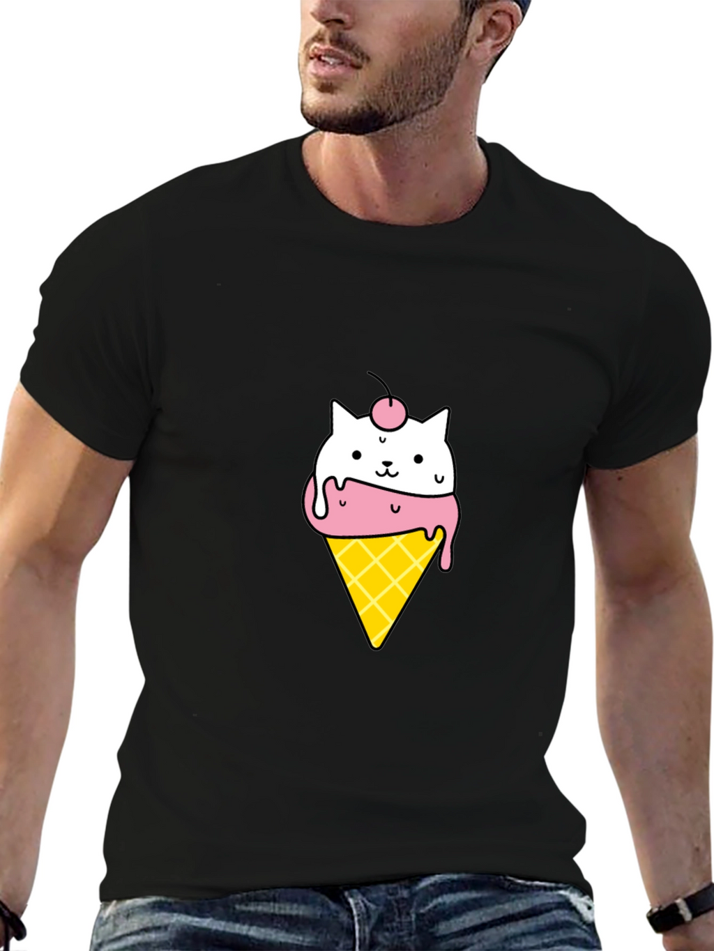 Cute Cat Ice Cream Cone Black T-Shirt
