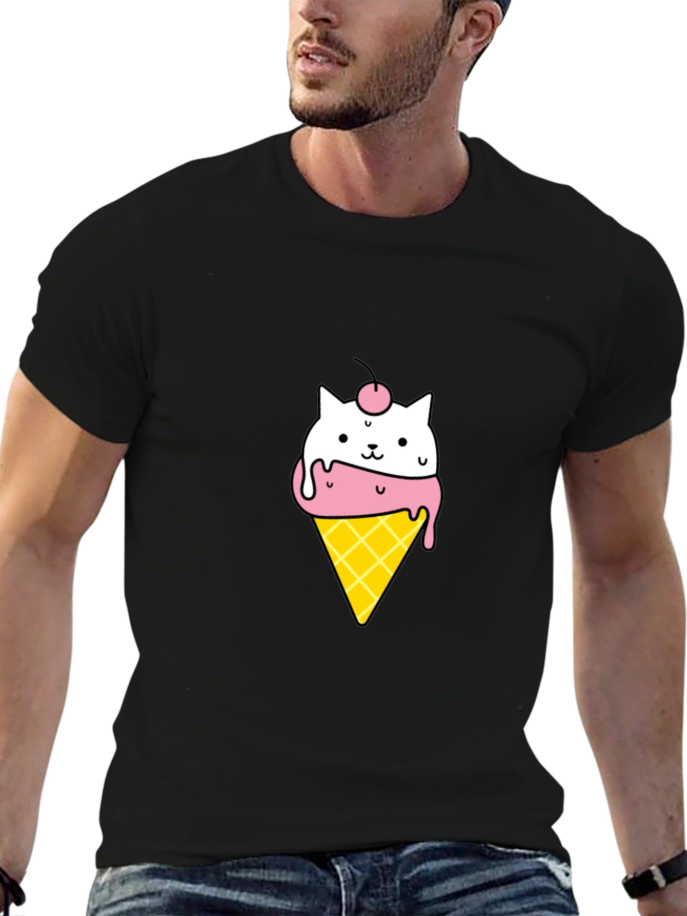 Cute Cat Ice Cream Cone Black T-Shirt