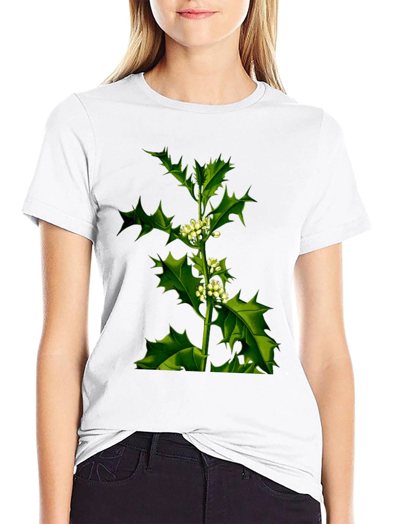 Botanical Holly Print Black T-Shirt