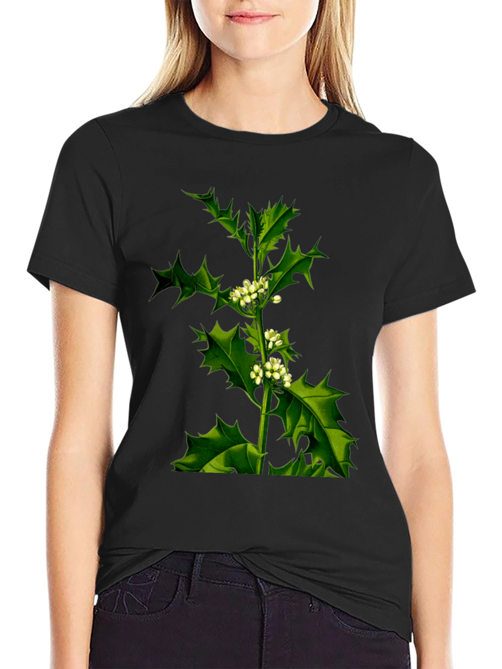 Botanical Holly Print Black T-Shirt