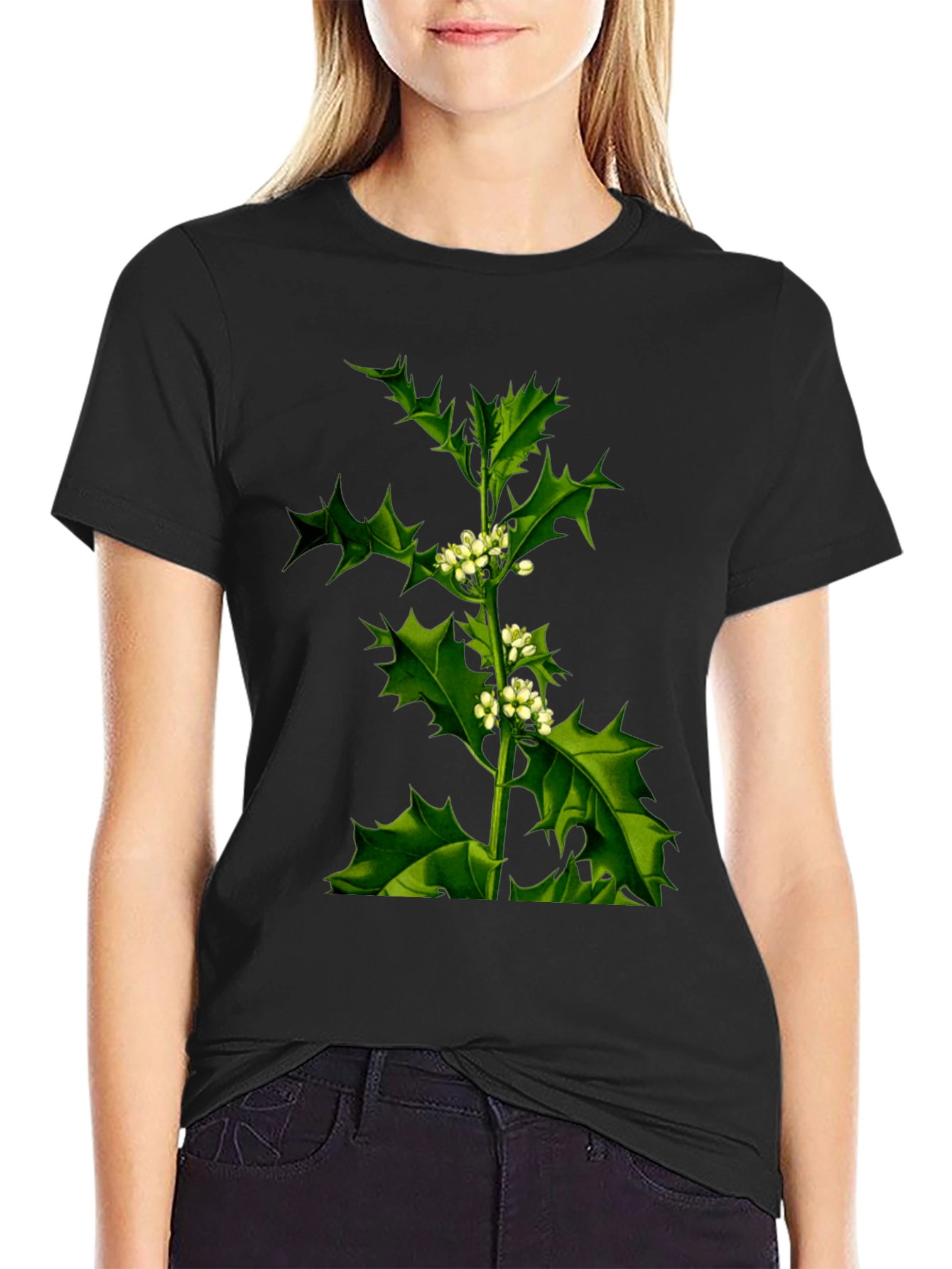 Botanical Holly Print Black T-Shirt