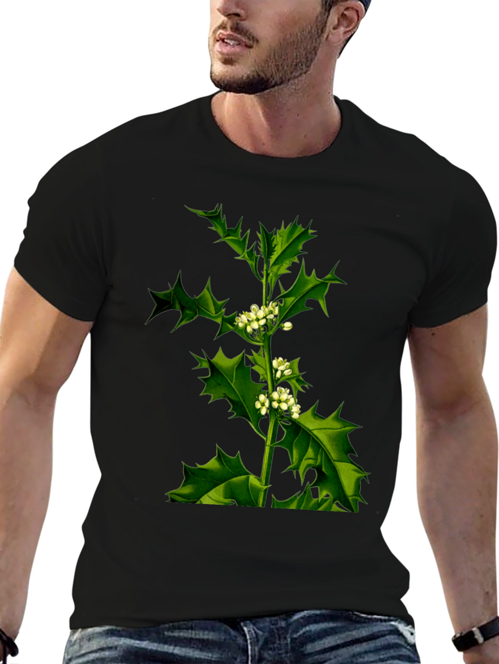 Botanical Holly Print Black T-Shirt