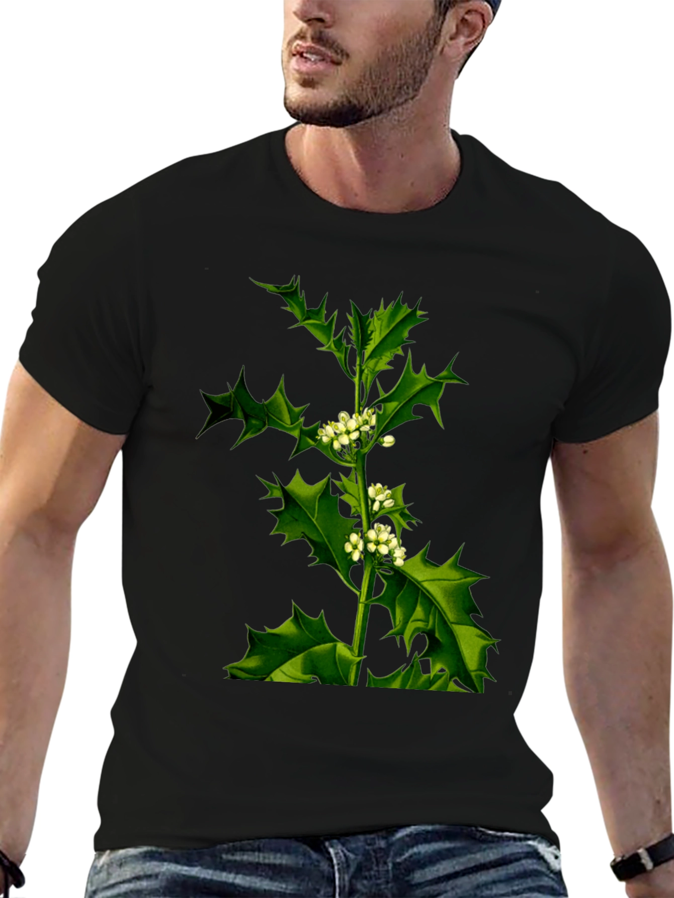Botanical Holly Print Black T-Shirt