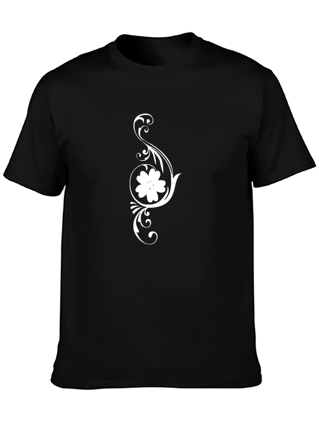 Black T-Shirt with Floral Scroll Design