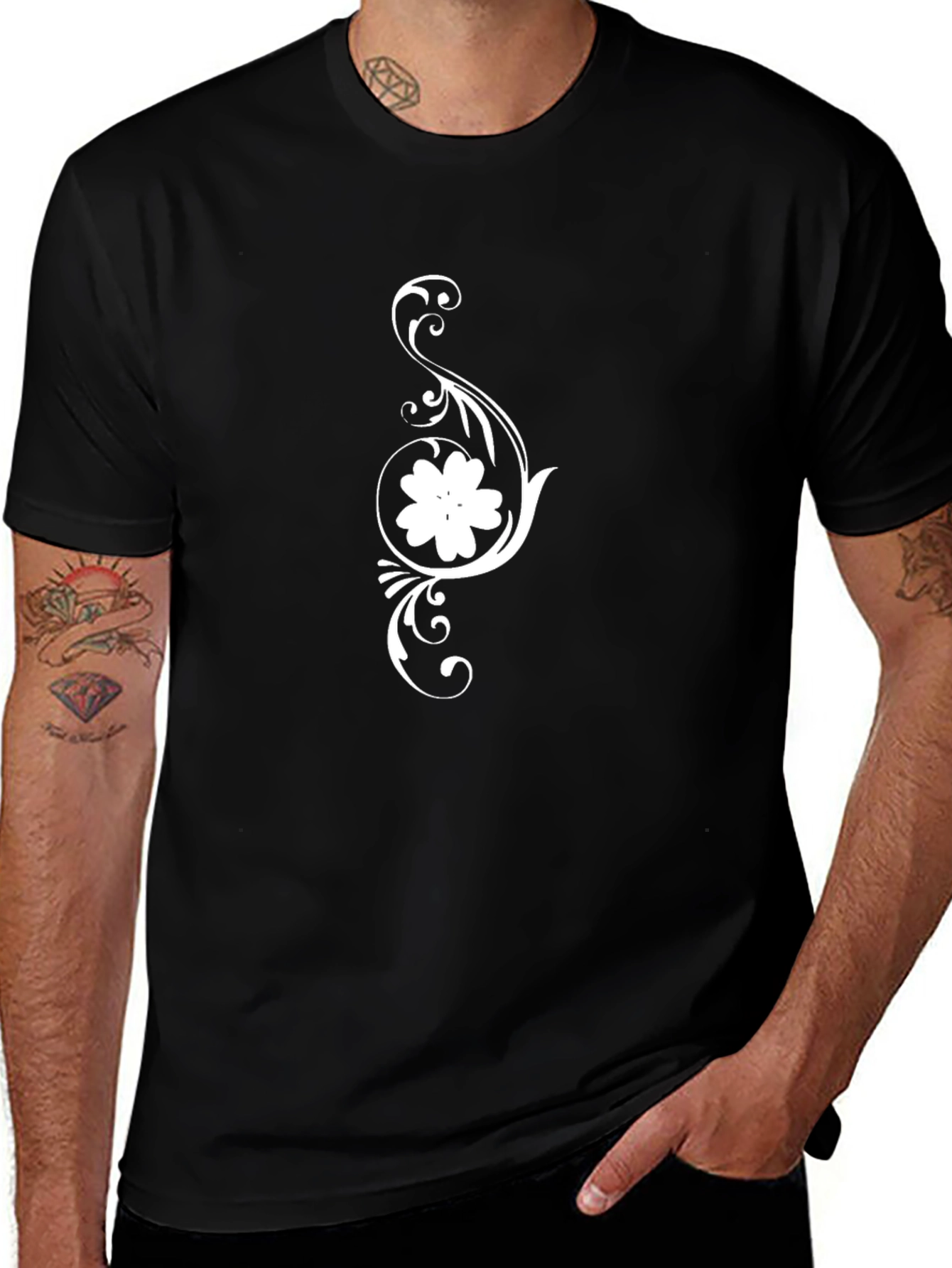 Black T-Shirt with Floral Scroll Design