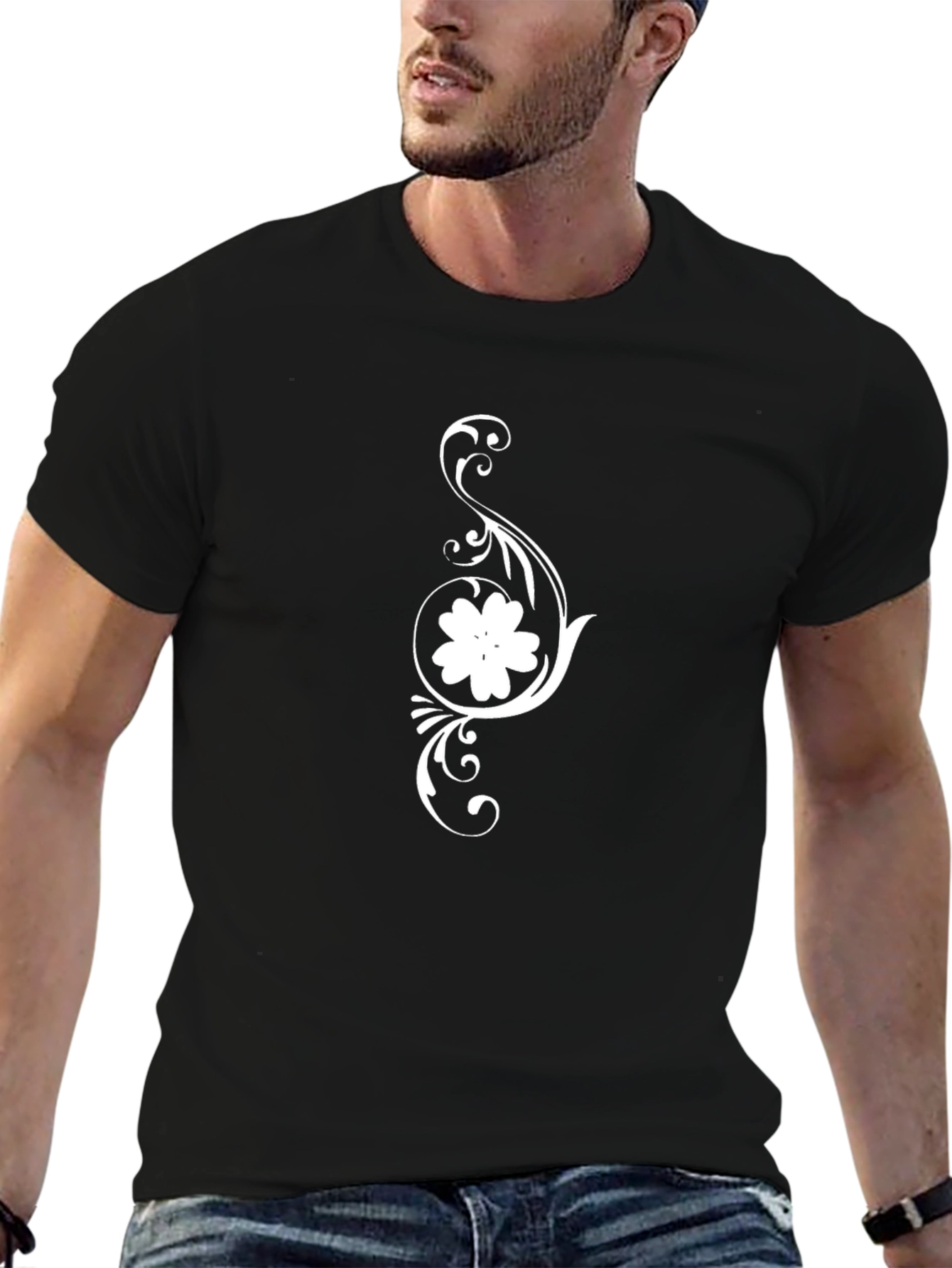Black T-Shirt with Floral Scroll Design