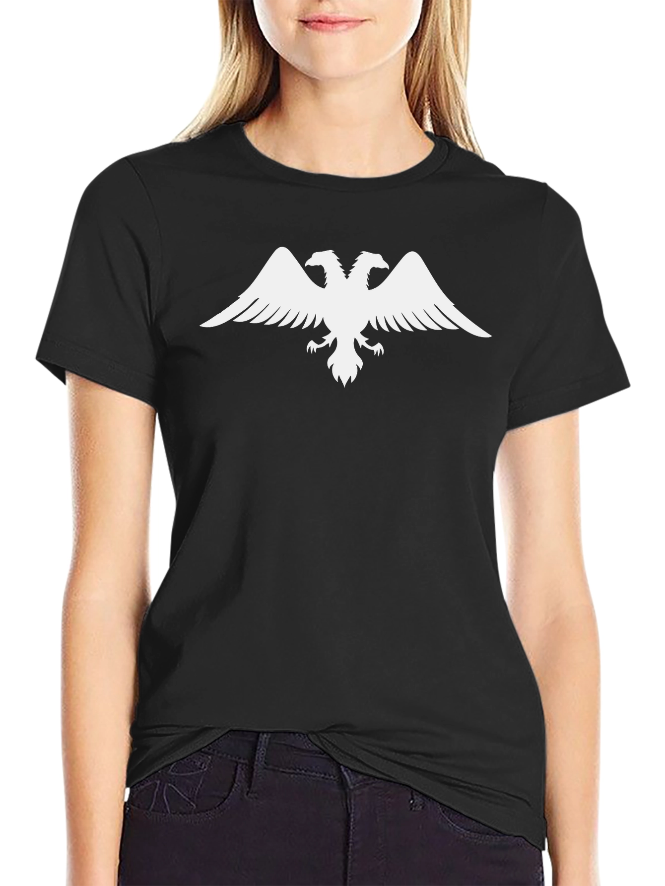Black Tee with White Double-Headed Eagle Design