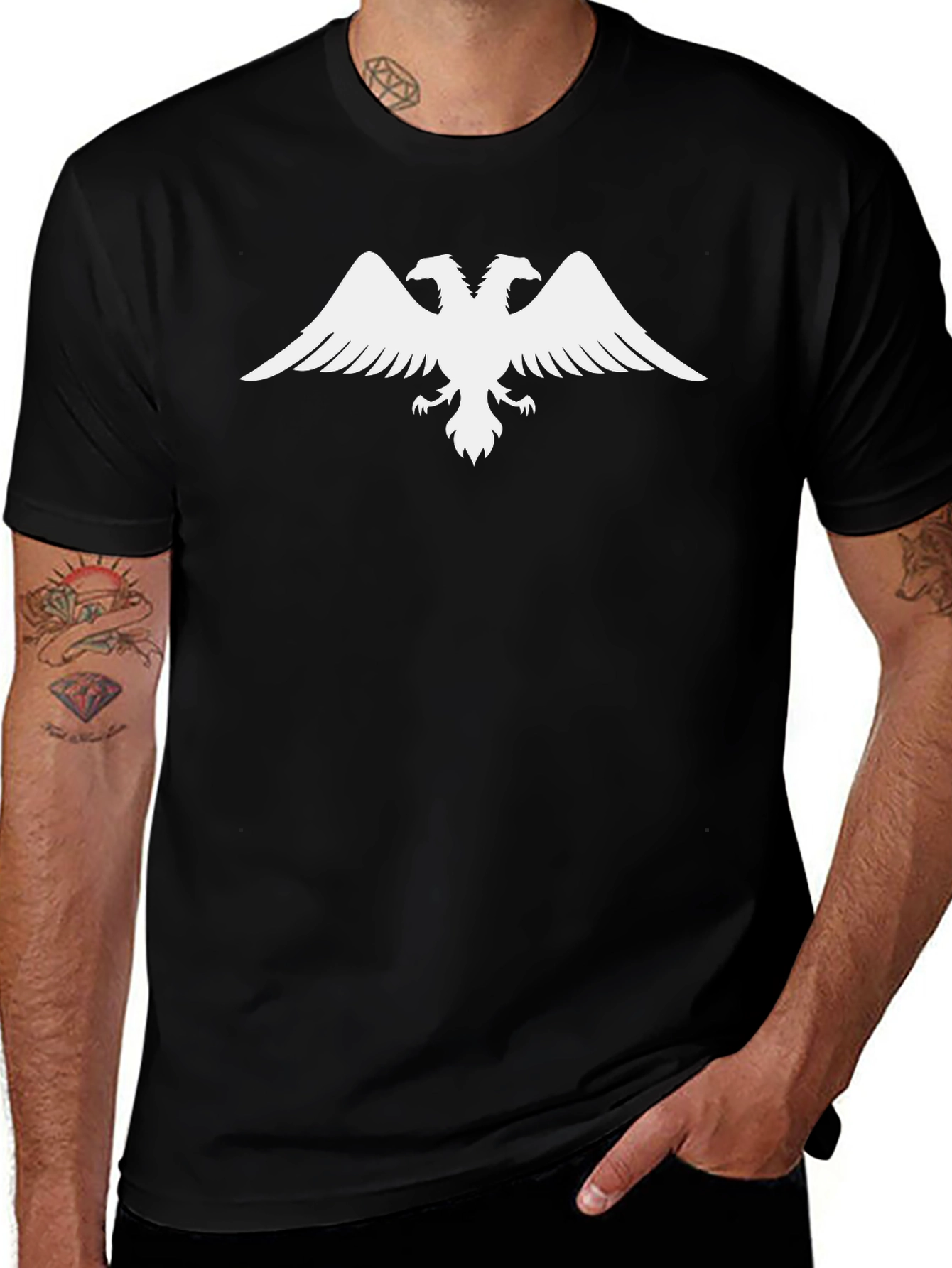 Black Tee with White Double-Headed Eagle Design