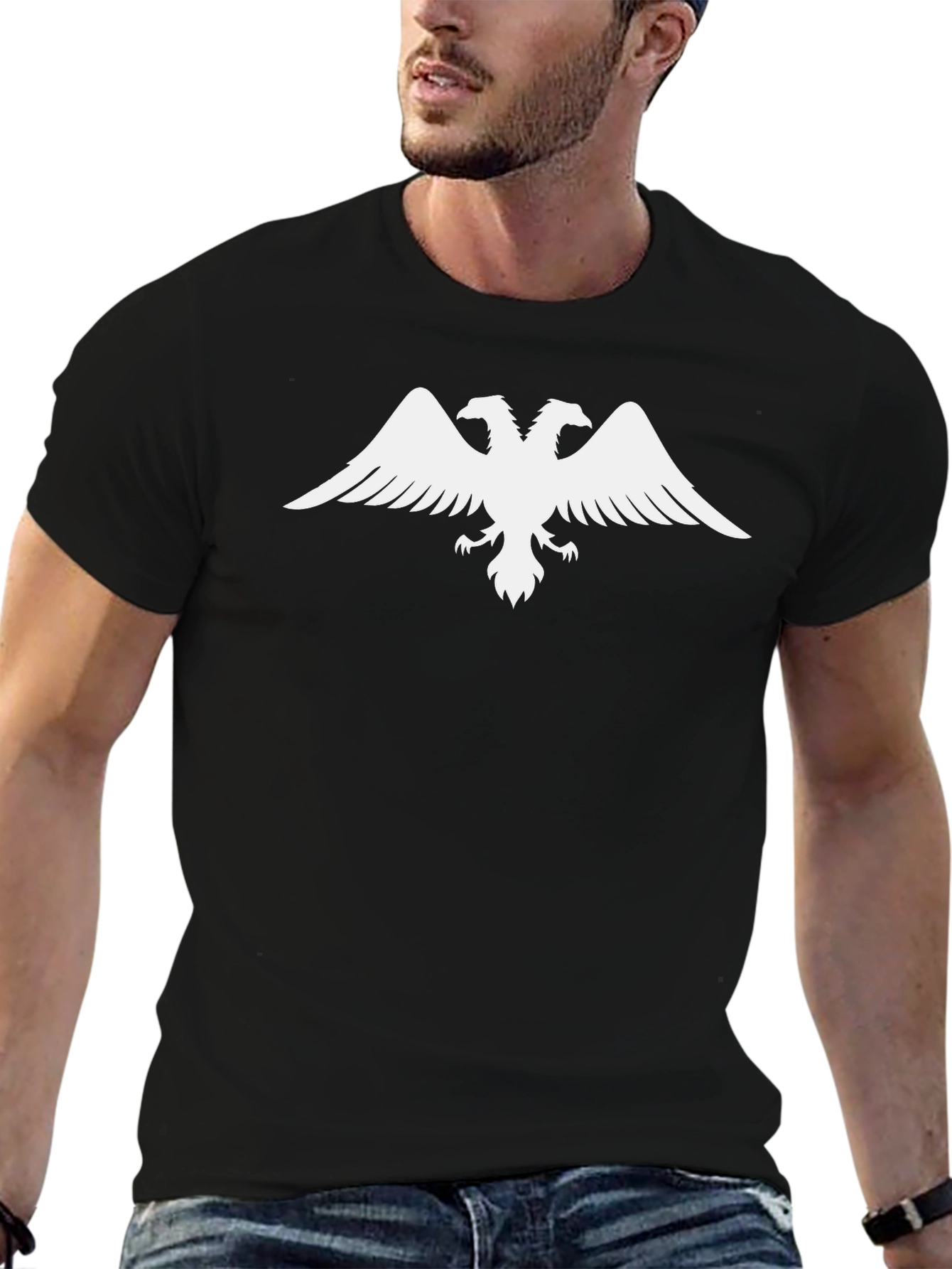 Black Tee with White Double-Headed Eagle Design