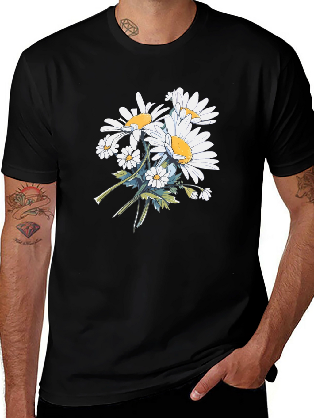Floral Print Black T-Shirt - Casual Wear
